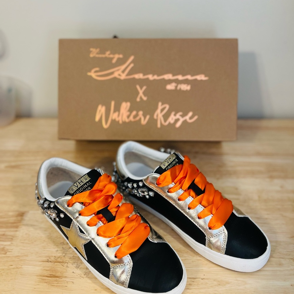 Vintage Havana Black and Gold Sneakers with Orange Accents